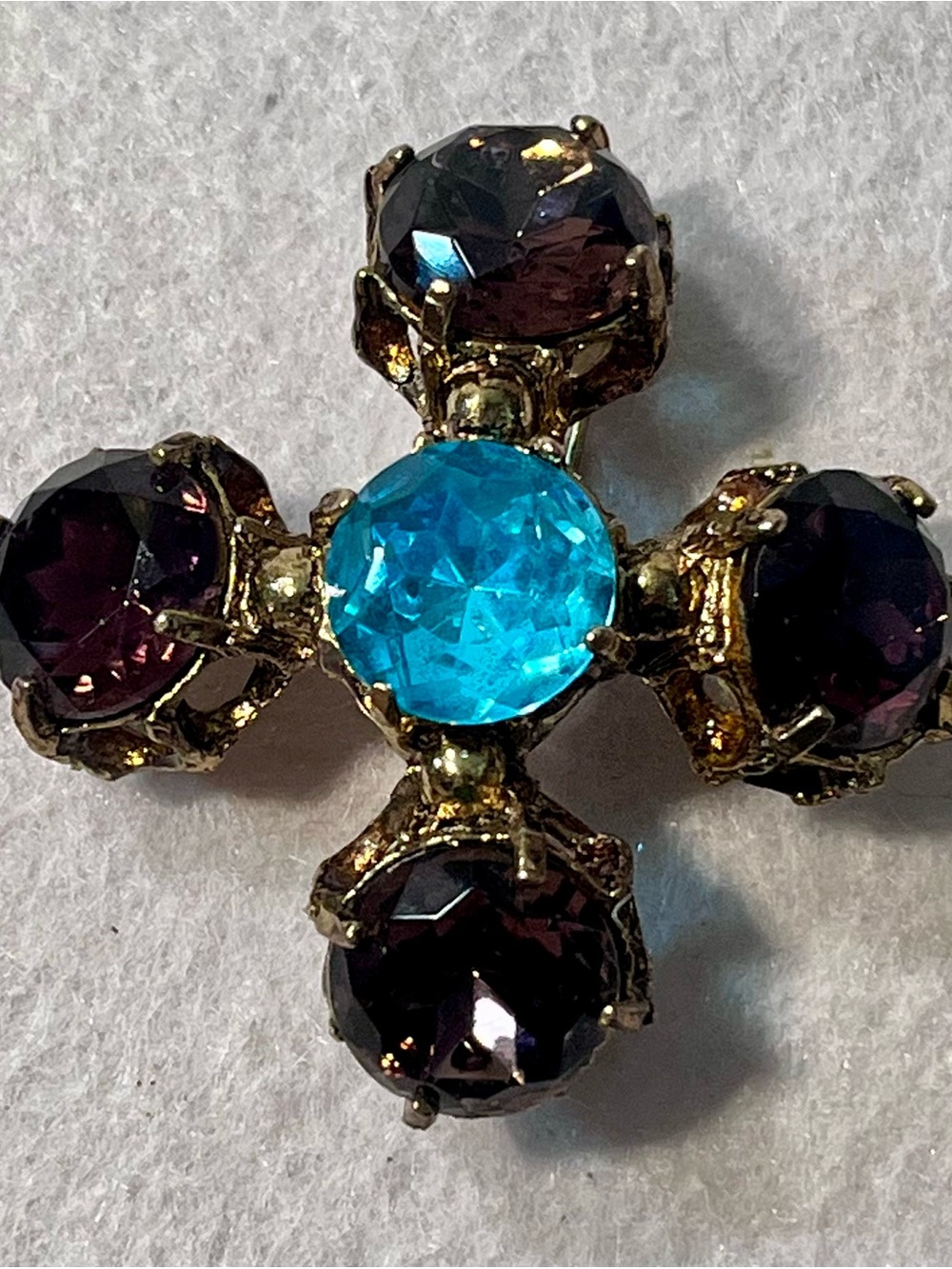 Gold-Tone Maltese Cross Pin with Turquoise Center and Deep Purple Accents